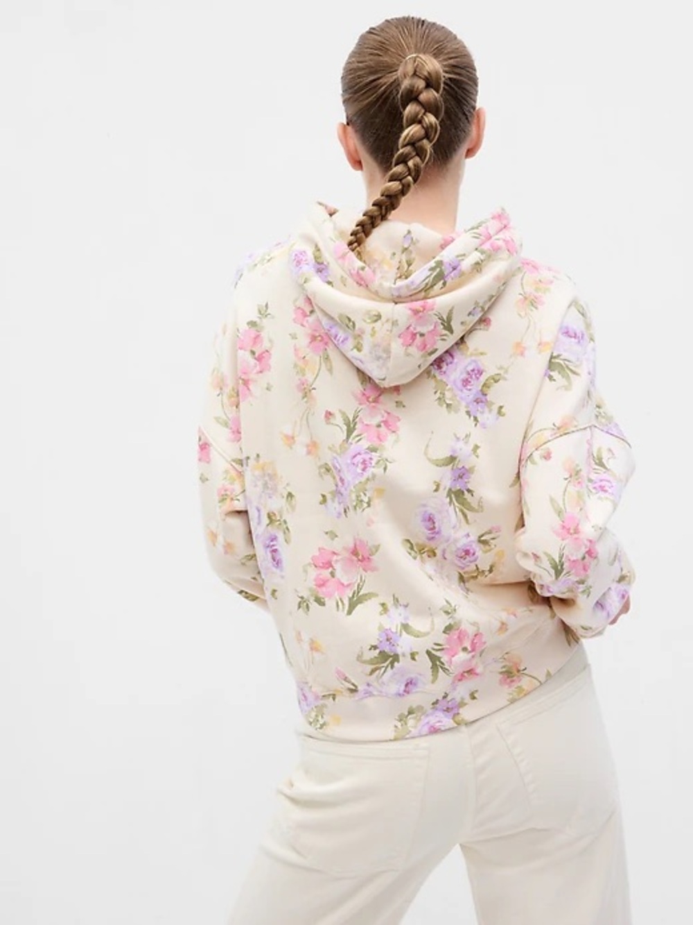 GAP X LoveShackFancy Cream Floral Fleece Hoodie Pink & Purple Floral Print XXS - Picture 2 of 11